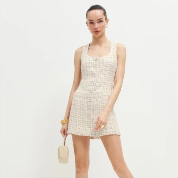 Reformation Jaine tweed gold and pearl tones Mini women Dress size 12